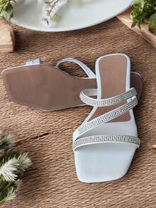Women's Flat Sandals With Rhinestones, Comfortable And Luxury | Colors Black, White And Nude - 白色 - 查看 2