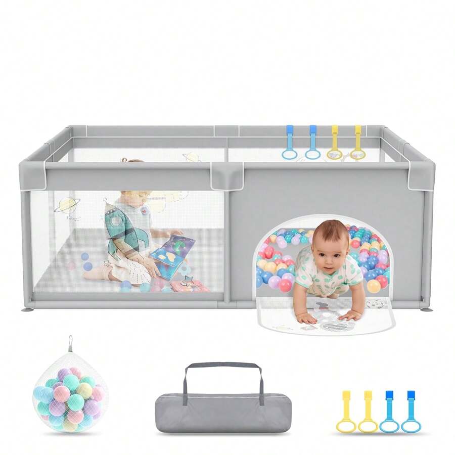 VA-Cerulean Baby Playpen, Children's Playpen With Door, Children's Playground, Gate, With 50 Balls, 4 Pull Rings And Carrying Bag (Gray, 127 * 127 * 68cm) - 程度 - 查看 1