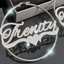 1 chiếc vòng cổ và hoa tai tên tùy chỉnh bằng vàng hồng bạc - Mặt dây chuyền hình trái tim bằng thép không gỉ Personalglitter - Hoa tai vòng lớn - Trang sức thời trang cho phụ nữ không cần mạ - Lý tưởng làm quà tặng Giáng sinh và trang phục dự tiệc Lễ Tạ ơn Giáng sinh - Bạc - Xem 10