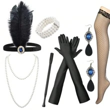 5/7 件 1920 年代风格头饰套装:羽毛头带、手套、仿珍珠项链、手扇、吊坠耳环 - 轻佻女郎派对服装配饰、复古万圣节服装情人节情人节舞会 - 黑色 - 查看 5