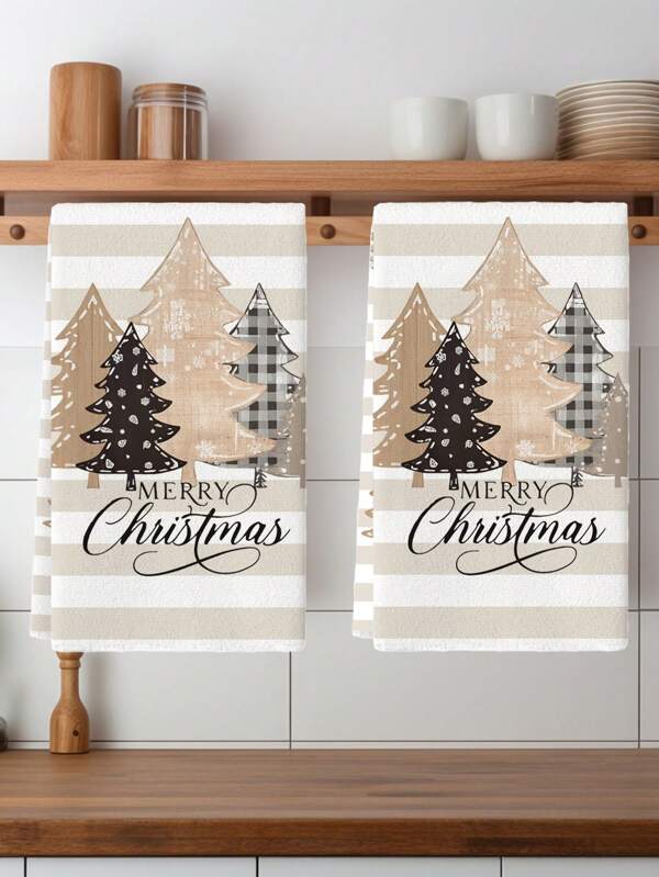 2 Pcs Christmas Kitchen Towels Set, Winter Farmhouse Snowman & Tree Designs, Super Absorbent Woven Dish Cloths, Beige Cartoon Themed Polyester Tea Towels For Holiday Decor & Gift