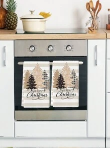 2 件圣诞厨房毛巾套装，冬季农舍雪人和树木设计，超强吸水编织洗碗布，米色卡通主题涤纶茶巾，适合节日装饰和礼物 - 白色 - 查看 3