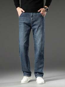 Men's Warm Padded Stretch Jeans, Loose Casual Fleece Jeans, Straight Mid-Waist Fashionable Versatile Jeans, Suitable For Daily, Outdoor - 燧石 - 查看 4