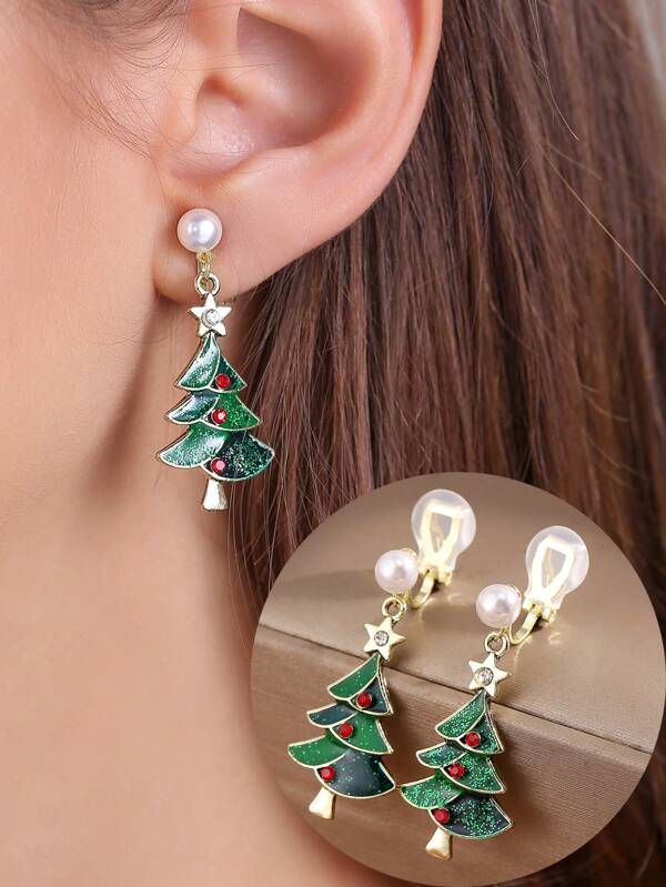 1 Pair Fashion Green Christmas Earrings For Women, Clip On, No Piercing Elegant Earrings, Slimming Appearance, Halloween Gift