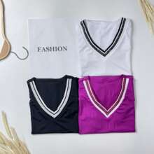 3-Piece Kit Of Women's Ribbed V-Neck Blouses One Size 40 42 44 Summer Fashion Black + White + One Color Of Your Choice - 紫色 - 查看 5