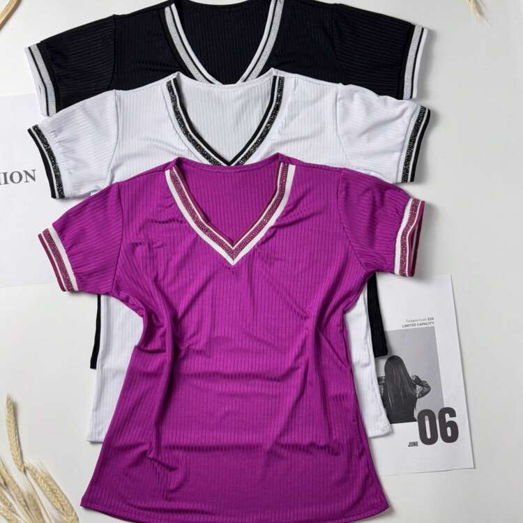 3-Piece Kit Of Women's Ribbed V-Neck Blouses One Size 40 42 44 Summer Fashion Black + White + One Color Of Your Choice - 紫色 - 查看 1