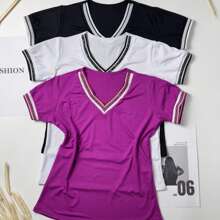 3-Piece Kit Of Women's Ribbed V-Neck Blouses One Size 40 42 44 Summer Fashion Black + White + One Color Of Your Choice - 紫色 - 查看 2
