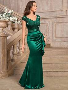 MIUSOL Deep V-Neck Contrast Sequin Lace Ruffle Mermaid Hem Satin Evening Party Maxi Dress - Dark Green - View 5
