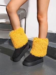 新款女士休闲保暖防滑撞色毛边拼接雪地靴，舒适黑色鞋子 - 黑色 - 查看 5