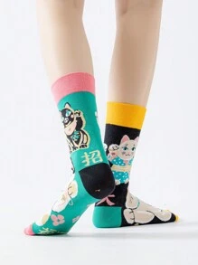 Cartoon Lucky Cat With Sparkling Lines Women's Mid-Calf Socks