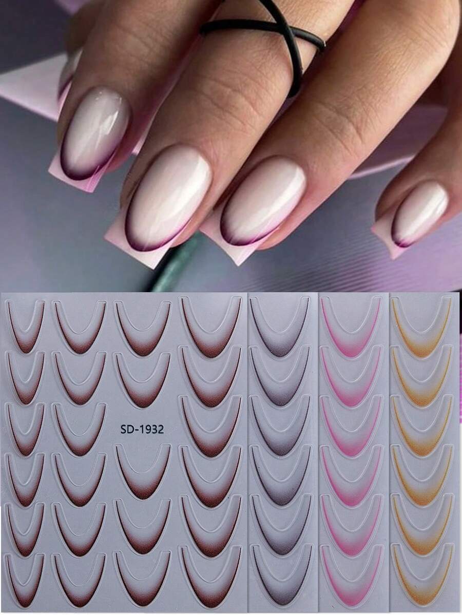 4 piezas de calcomanías de arte de uñas con líneas francesas de degradado mixto, rayas rosa, marrón y negras, diseño elegante, adecuado para la decoración de uñas de otoño/invierno - Multicolor - Ver 1