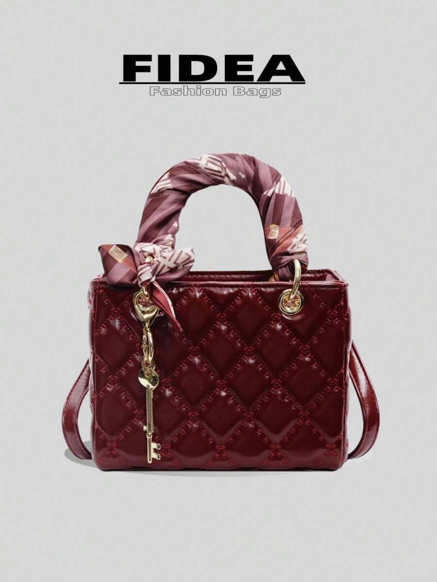 绗缝 PU 菱形图案迷你手提包，休闲百搭女士单肩包/斜挎包，优雅妈咪包 - 酒紅色 - 查看 1