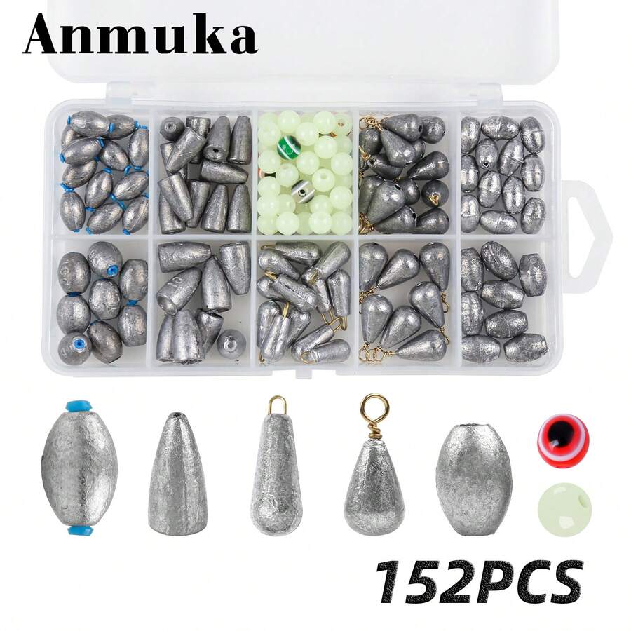 152 件钓鱼铅坠套装：包括岸坠、管状铅坠、锥形铅坠，适用于德克萨斯钓组、卡罗莱纳钓组，适用于淡水和咸水鲈鱼钓具配件 - 彩色 - 查看 1