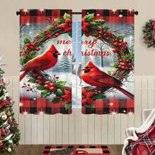 2pcs Christmas Theme Curtains,Christmas Red Bird And Berry Red Leaf Design Curtains,Bedroom Living Room Decoration Curtains,Christmas Decorations,Christmas Gifts