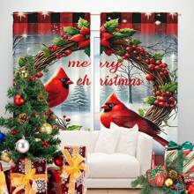 2pcs Christmas Theme Curtains,Christmas Red Bird And Berry Red Leaf Design Curtains,Bedroom Living Room Decoration Curtains,Christmas Decorations,Christmas Gifts