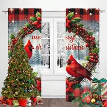 2pcs Christmas Theme Curtains,Christmas Red Bird And Berry Red Leaf Design Curtains,Bedroom Living Room Decoration Curtains,Christmas Decorations,Christmas Gifts