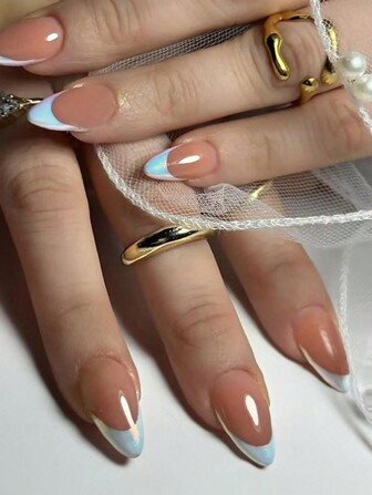 30Pcs Short Almond Shape Simple French Style Fake Nail Tips Set, Enhance Women'S Elegant For Daily Wear Press On Nails Nail Supplies Nails