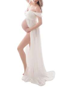 Maternity Dress For Photography Solid Color Off-Shoulder Chiffon Gown Front Split Long Pregnancy Dresses For Photoshoot - 白色 - 查看 2