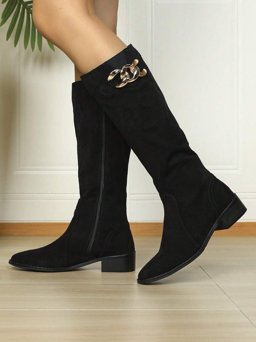 New Black Minimalist Design Zipper Inside Easy To Wear, Leg Lengthening, Height Increasing Round Toe, Chunky Heel, Metal Chain Decor Fashion Tall Boots For Women - Black - View 1