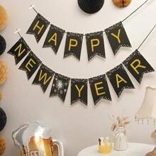 1 套新年快乐黑色和金色鱼尾铝箔五彩纸屑流苏花环派对装饰横幅 - 彩色 - 查看 10