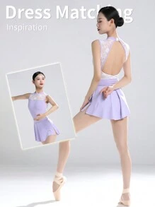 DonsGirl 1pc Women Stand Collar Backless Lace & Mesh Ballet Dance Dress - View 11