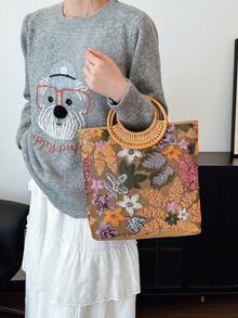 1 件时尚拼色亮片网眼撞色叶花卉刺绣优雅女士竹节圆形包，手提波西米亚休闲节日派对手提包 - 橘色 - 查看 5