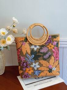 1 件时尚拼色亮片网眼撞色叶花卉刺绣优雅女士竹节圆形包，手提波西米亚休闲节日派对手提包 - 橘色 - 查看 1