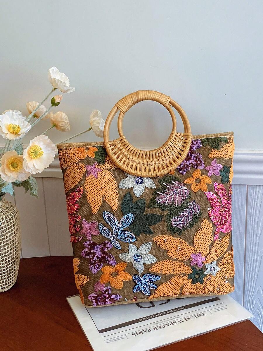 1 件时尚拼色亮片网眼撞色叶花卉刺绣优雅女士竹节圆形包，手提波西米亚休闲节日派对手提包 - 橘色 - 查看 1