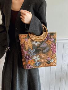 1 件时尚拼色亮片网眼撞色叶花卉刺绣优雅女士竹节圆形包，手提波西米亚休闲节日派对手提包 - 橘色 - 查看 3