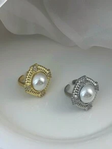 1 件时尚微镶嵌夸张珍珠和锆石戒指，适合女性 - 方塊 - 查看 1