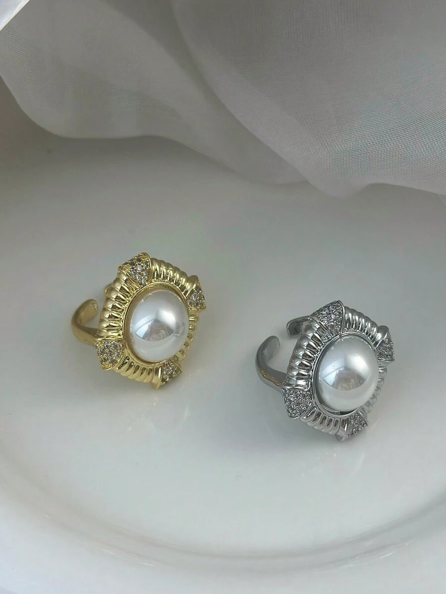 1 件时尚微镶嵌夸张珍珠和锆石戒指，适合女性 - 方塊 - 查看 1