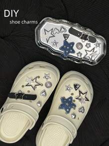 12 件可拆卸钻石镶嵌时尚星星、笑脸、心形时尚鞋饰，适用于沙滩鞋和镂空木屐 - 藍色 - 查看 2