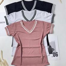 3-Piece Kit Of Women's Ribbed V-Neck Blouses One Size 40 42 44 Summer Fashion Black + White + One Color Of Your Choice - 藕粉色 - 查看 4