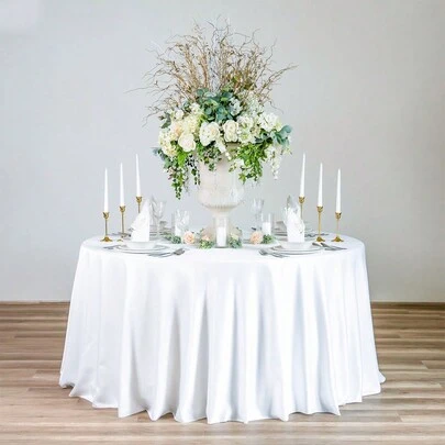 1件白色缎面圆形桌布，纯色光滑面料桌布，适用于婚礼、生日派对、宴会、新年派对、家居装饰、房间装饰、餐桌装饰、餐厅装饰，丝滑柔软，可水洗，是节日庆祝活动的理想之选。