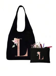 Bộ sản phẩm gồm 1 túi tote màu đen in họa tiết hoa và 1 túi nhỏ màu đen, túi tote in chữ cái A-Z màu hồng in họa tiết hoa + túi đựng mỹ phẩm, túi quà cưới/túi tote cá nhân hóa - màu đen - Xem 12