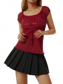 Y2K Fairy Grunge Crop Top For Women Short Sleeve Lace Patchwork T-Shirt Aesthetic Slim Fit Cute Babydoll Top Tees - 紅色 - 查看 4