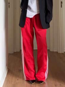 Women's Side Striped Pants Loose Elastic Waist Drawstring Straight Leg Casual Sweatpants With Pockets Y2k Track Pants Baggy Striped Joggers