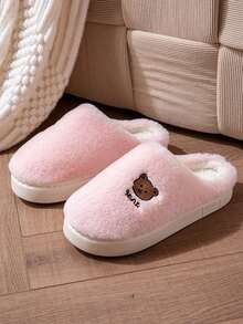 Dép giữ nhiệt cho nữ, Dép đi trong nhà đơn giản, đế dày chống trượt, ấm áp, sang trọng cho mùa thu/đông - Hồng - Xem 2
