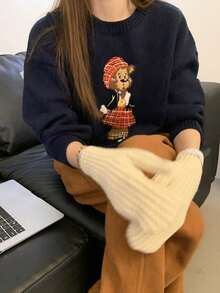 女士圆领长袖熊图案简约休闲上衣，适合日常穿着 - 藏蓝色 - 查看 6