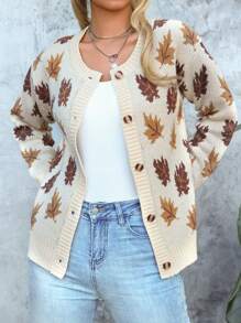 Maple Leaf Pattern Jacquard Drop Shoulder Long Sleeve Crew Neck Casual Knit Cardigan For Women - Apricot - View 3
