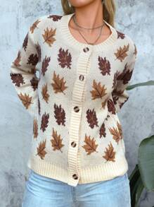 Maple Leaf Pattern Jacquard Drop Shoulder Long Sleeve Crew Neck Casual Knit Cardigan For Women - Apricot - View 5