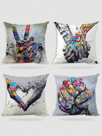 4 Pcs/1 Pc Graffiti Street Art Fist Inspirational Finger Ultra Soft Short Plush Pillowcase Suitable For Sofa Living Room Home Decoration