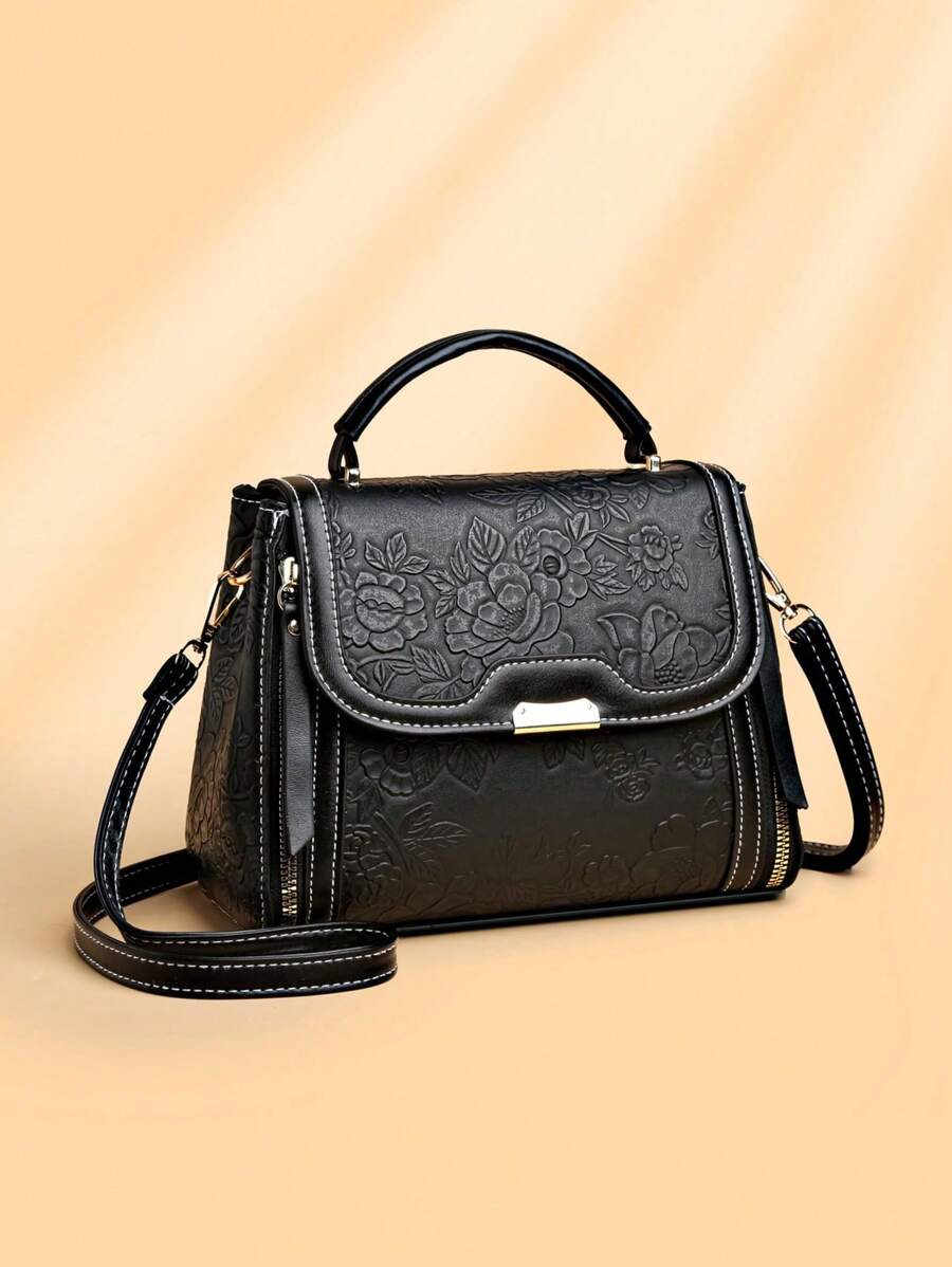 1 件大容量图案手提包，适合中年女性的优雅手提包，最佳母亲节礼物 - 黑色 - 查看 1