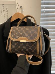 时尚大容量图案手提包，双层隔层优雅中年女性手提包 - 棕色 - 查看 9