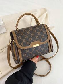 时尚大容量图案手提包，双层隔层优雅中年女性手提包 - 棕色 - 查看 5