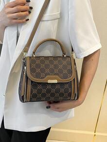 时尚大容量图案手提包，双层隔层优雅中年女性手提包 - 棕色 - 查看 4