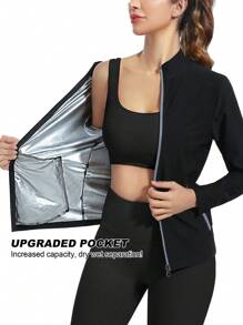 1pc Women's Long Sleeve Stand Collar Sports Sweatshirt, Zippered Moisture Wicking Sauna Suit, Solid Color Sauna Suit For Female Athletes, Yoga Fitness Wear For Weight Loss & Calorie Burning, Sweating Training Outfit, Zippered Long Sleeve Shaping Garment, Sexy Sports Wear For Yoga & Fitness, Accelerate Sweat Circulation, Promote Weight Loss Journey, Professional Sauna Effect, Create Ultimate Weight Loss Experience, Essential For Efficient Fat Burning, Achieve The Perfect Physique! Gym Accessories Belly Slimming Girdles, Lumbar Girdles Belly Slimming Corset