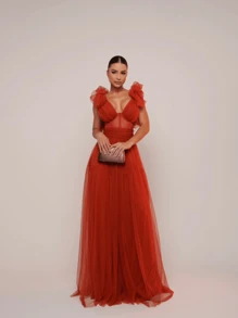 Tulle Dress With Corset For Bridesmaids And Graduates. - Màu Cam cháy - Xem 2