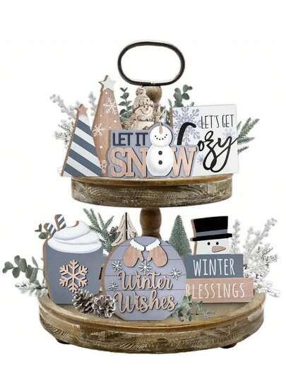 6 Stücke Weihnachtsdekor aus Holz mit mehreren Ebenen – "Let It Snow", Winter-Schneemann-Eisbecher, Holztablett-Ornamente, Winterwünsche, Weihnachtsdekoration für Zuhause, Weihnachtsgeschenke für Familie und Freunde (ohne Tabletts)