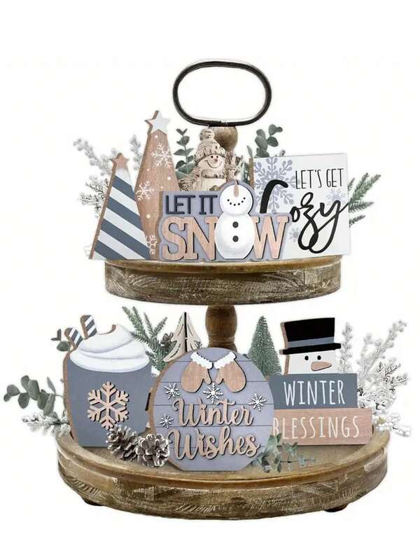 6PCS Christmas Wooden Tiered Tray Decor - Let It Snow Winter Snowman Ice Cream Cups Wooden Tray Ornaments, Winter Wishes Christmas Home Desktop Ornaments Christmas Gifts For Family And Friends(Without Trays)